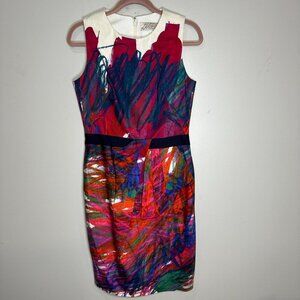 Lela Rose Abstract Print Sheath Dress size 8 Knee Length bright Bold Silk Cotton